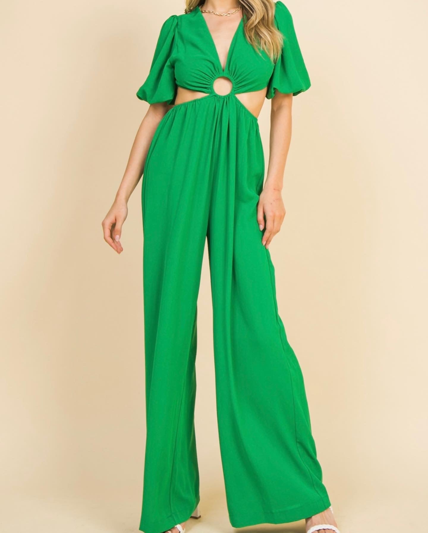 Green solid woven jumpsuit